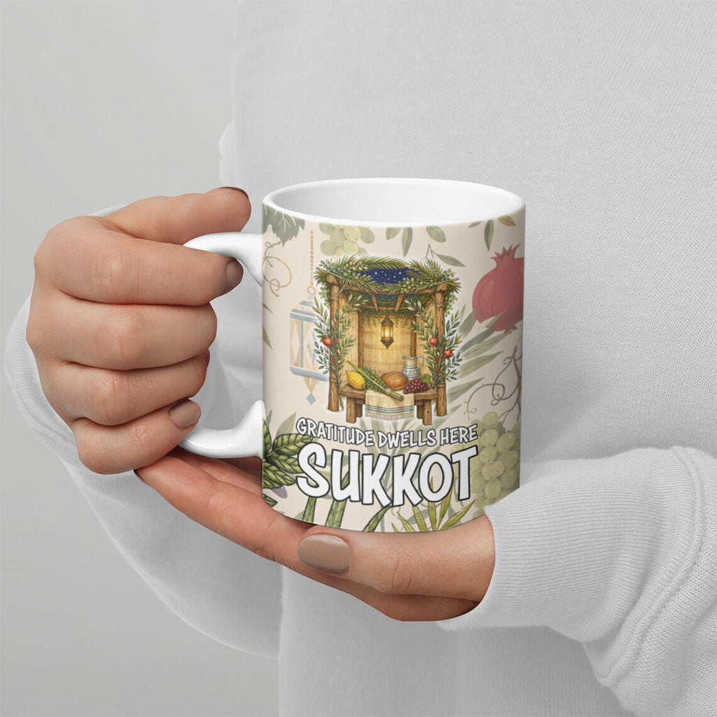Sukkot Ceramic Mug Jewish Holiday Gratitude Dwells Here - Vintage Botanical Sukkah