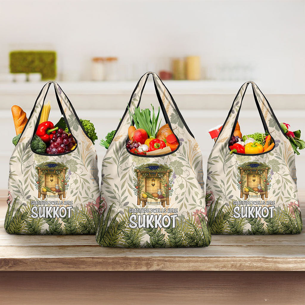 Sukkot Grocery Bag Jewish Holiday Gratitude Dwells Here - Vintage Botanical Sukkah