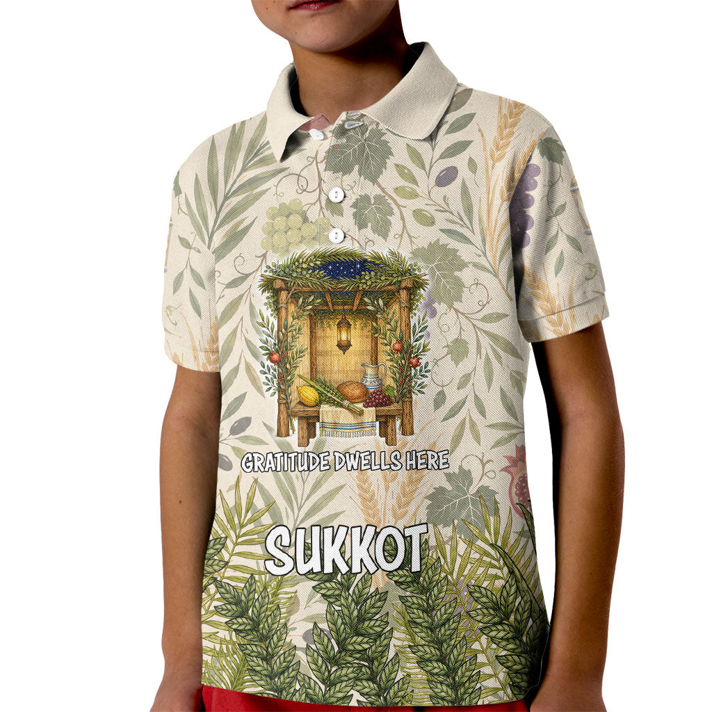 Sukkot Kid Polo Shirt Jewish Holiday Gratitude Dwells Here - Vintage Botanical Sukkah
