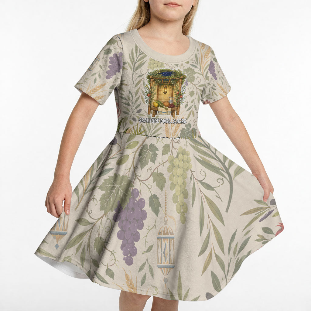 Sukkot Kid Short Sleeve Dress Jewish Holiday Gratitude Dwells Here - Vintage Botanical Sukkah