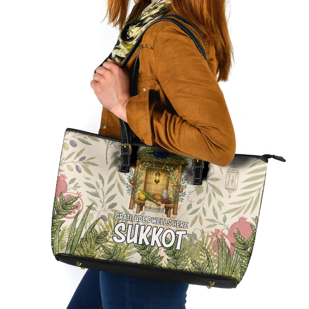 Sukkot Leather Tote Bag Jewish Holiday Gratitude Dwells Here - Vintage Botanical Sukkah