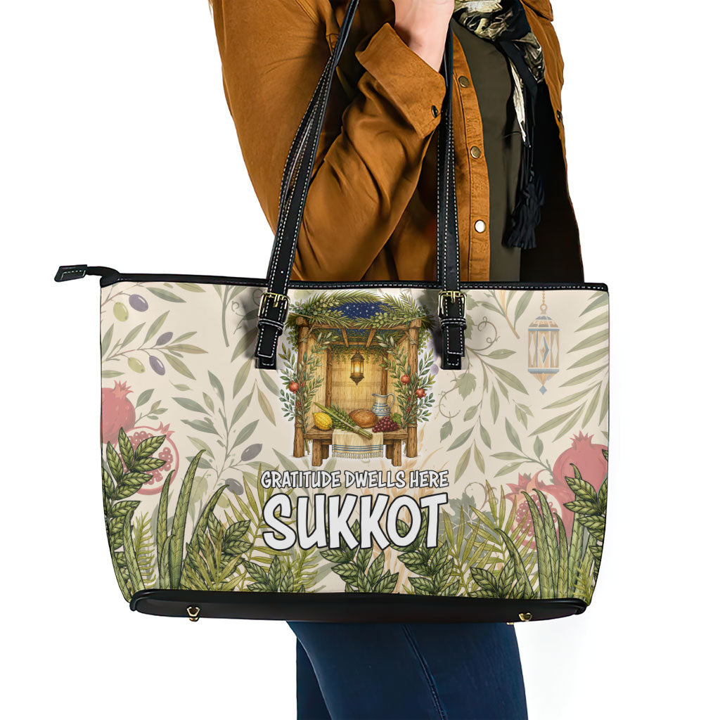 Sukkot Leather Tote Bag Jewish Holiday Gratitude Dwells Here - Vintage Botanical Sukkah