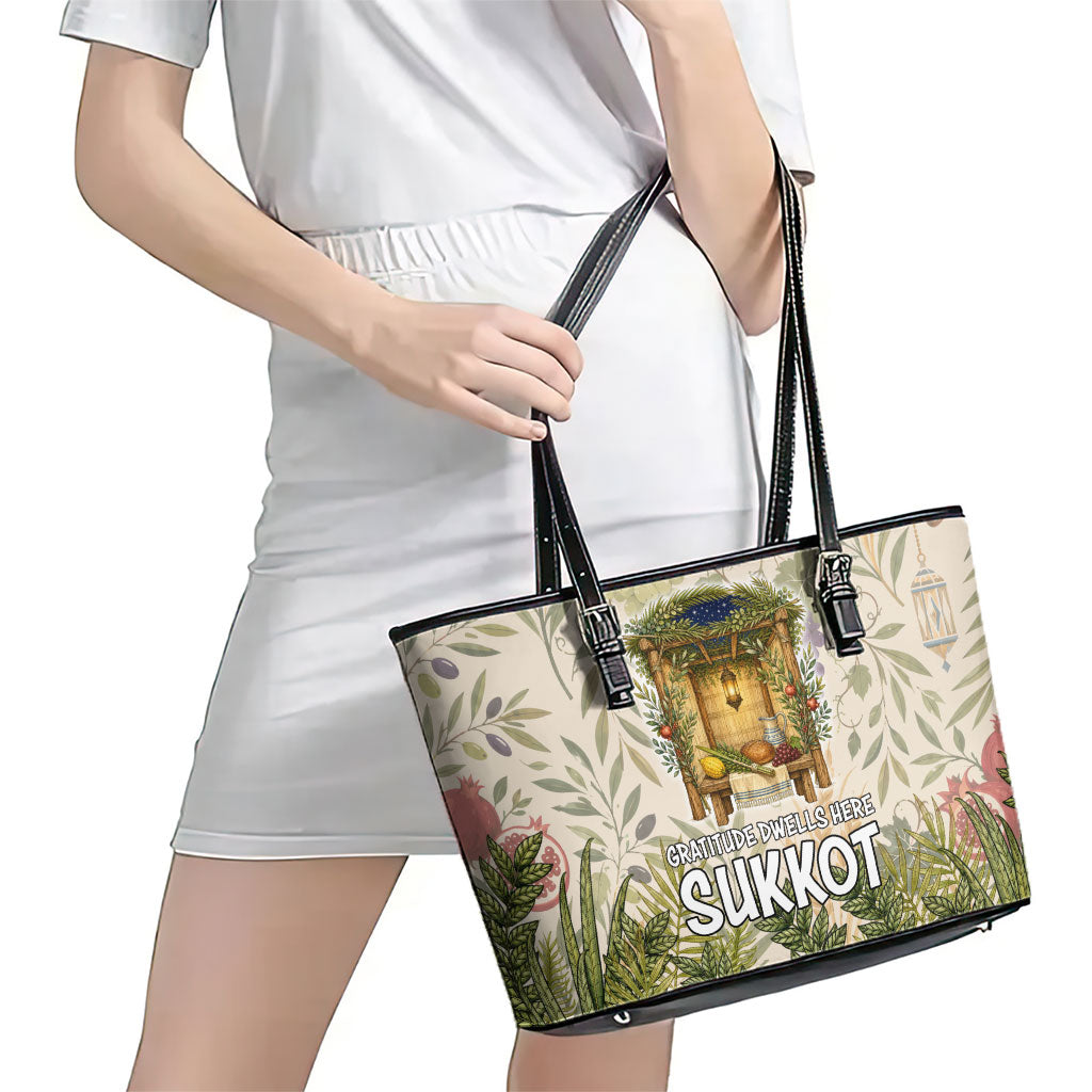 Sukkot Leather Tote Bag Jewish Holiday Gratitude Dwells Here - Vintage Botanical Sukkah