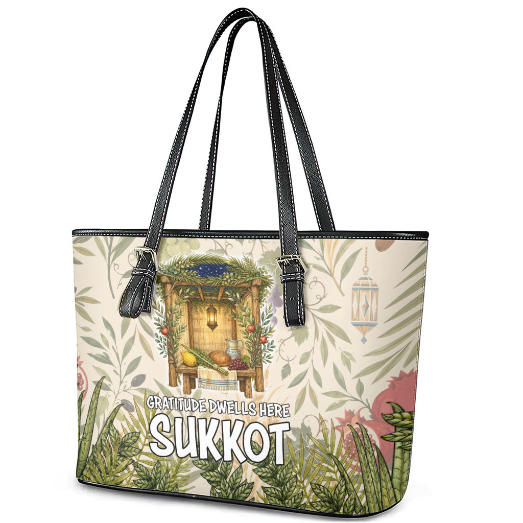 Sukkot Leather Tote Bag Jewish Holiday Gratitude Dwells Here - Vintage Botanical Sukkah