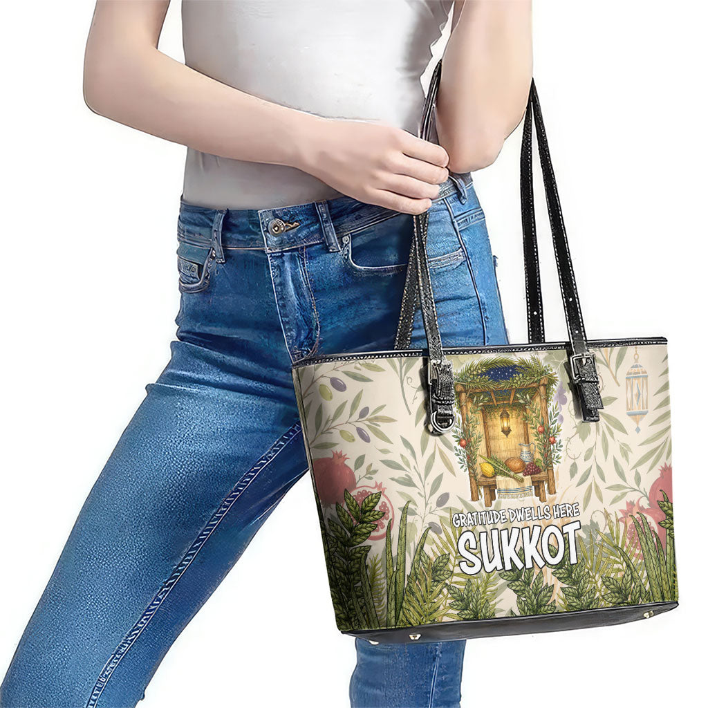 Sukkot Leather Tote Bag Jewish Holiday Gratitude Dwells Here - Vintage Botanical Sukkah