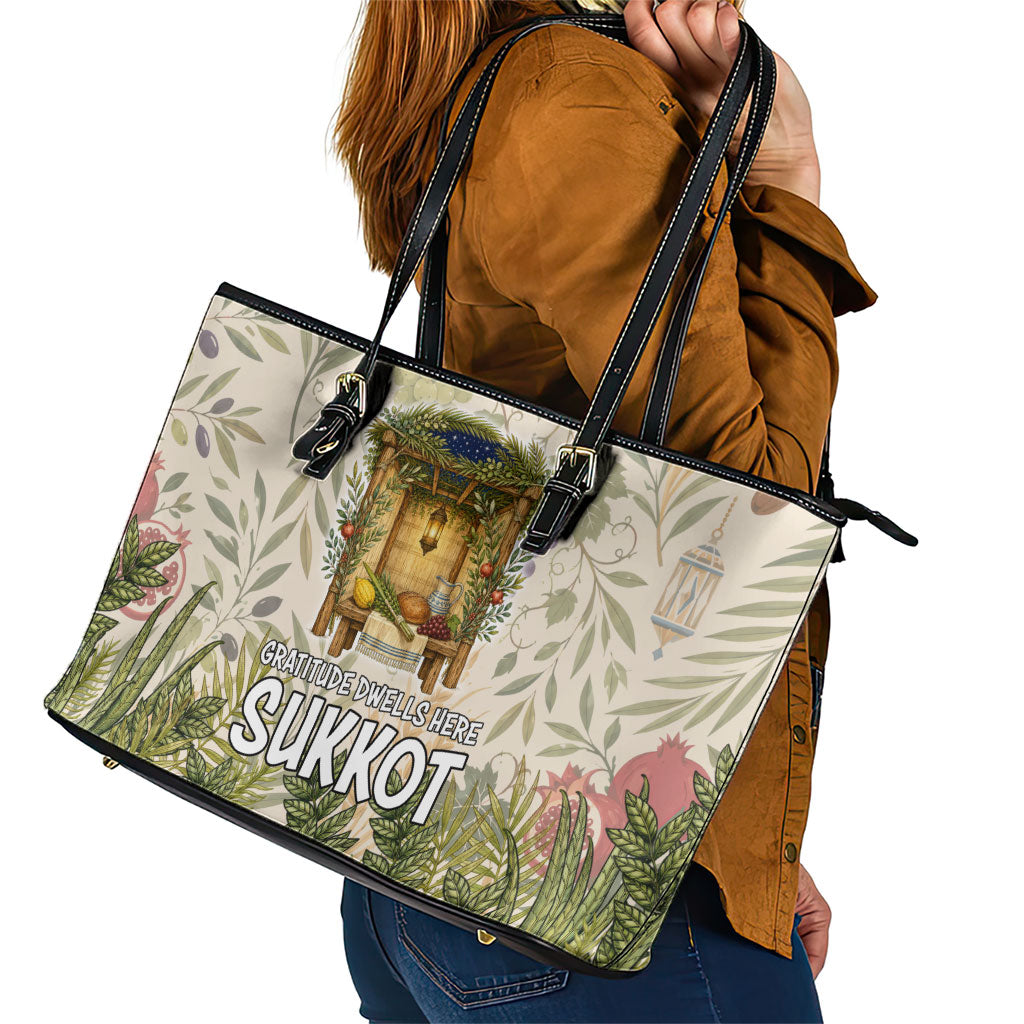 Sukkot Leather Tote Bag Jewish Holiday Gratitude Dwells Here - Vintage Botanical Sukkah