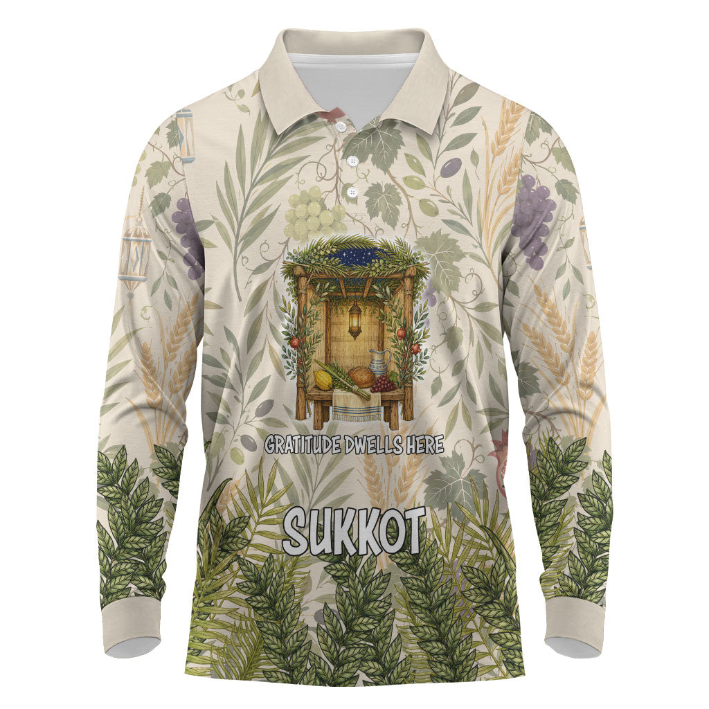 Sukkot Long Sleeve Polo Shirt Jewish Holiday Gratitude Dwells Here - Vintage Botanical Sukkah