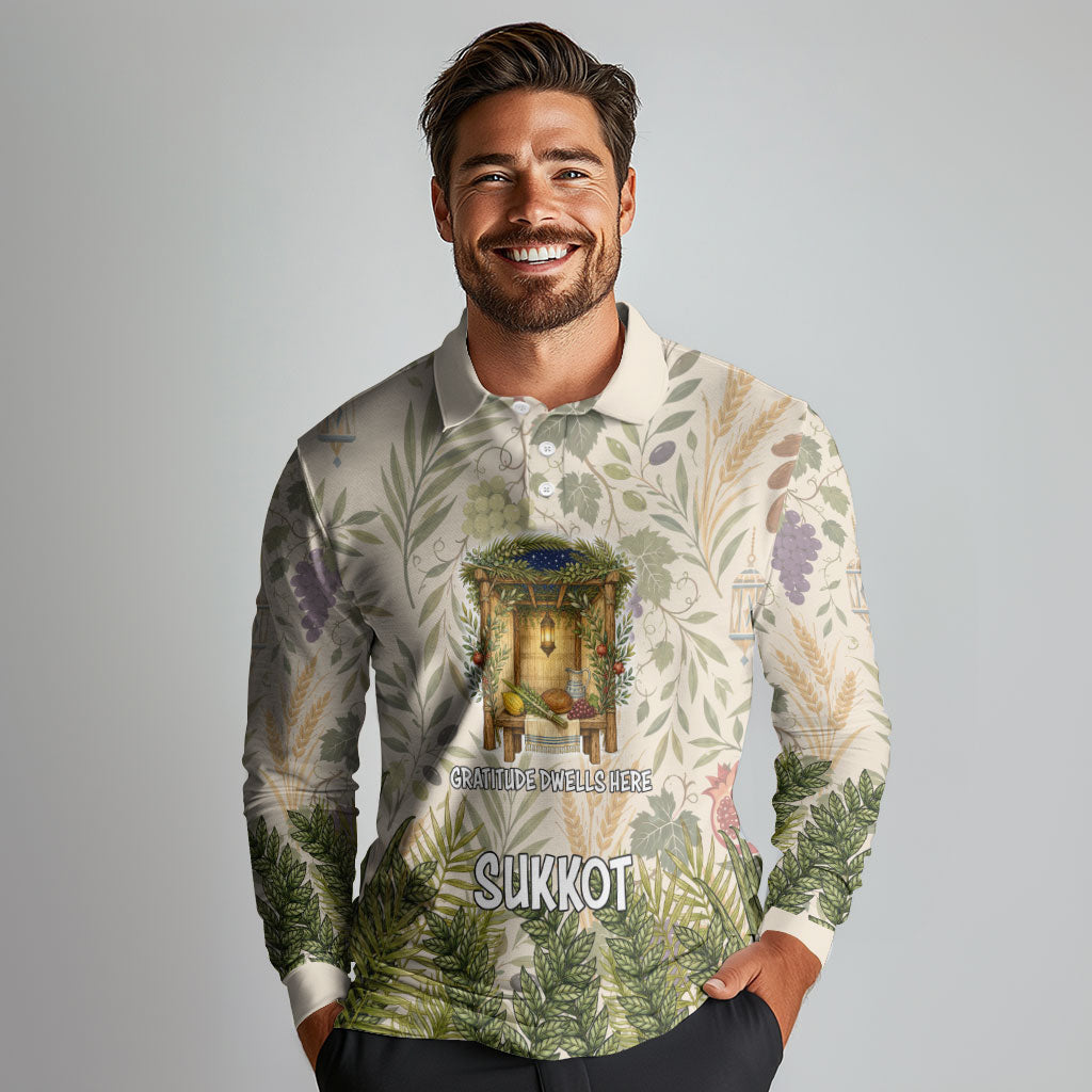 Sukkot Long Sleeve Polo Shirt Jewish Holiday Gratitude Dwells Here - Vintage Botanical Sukkah