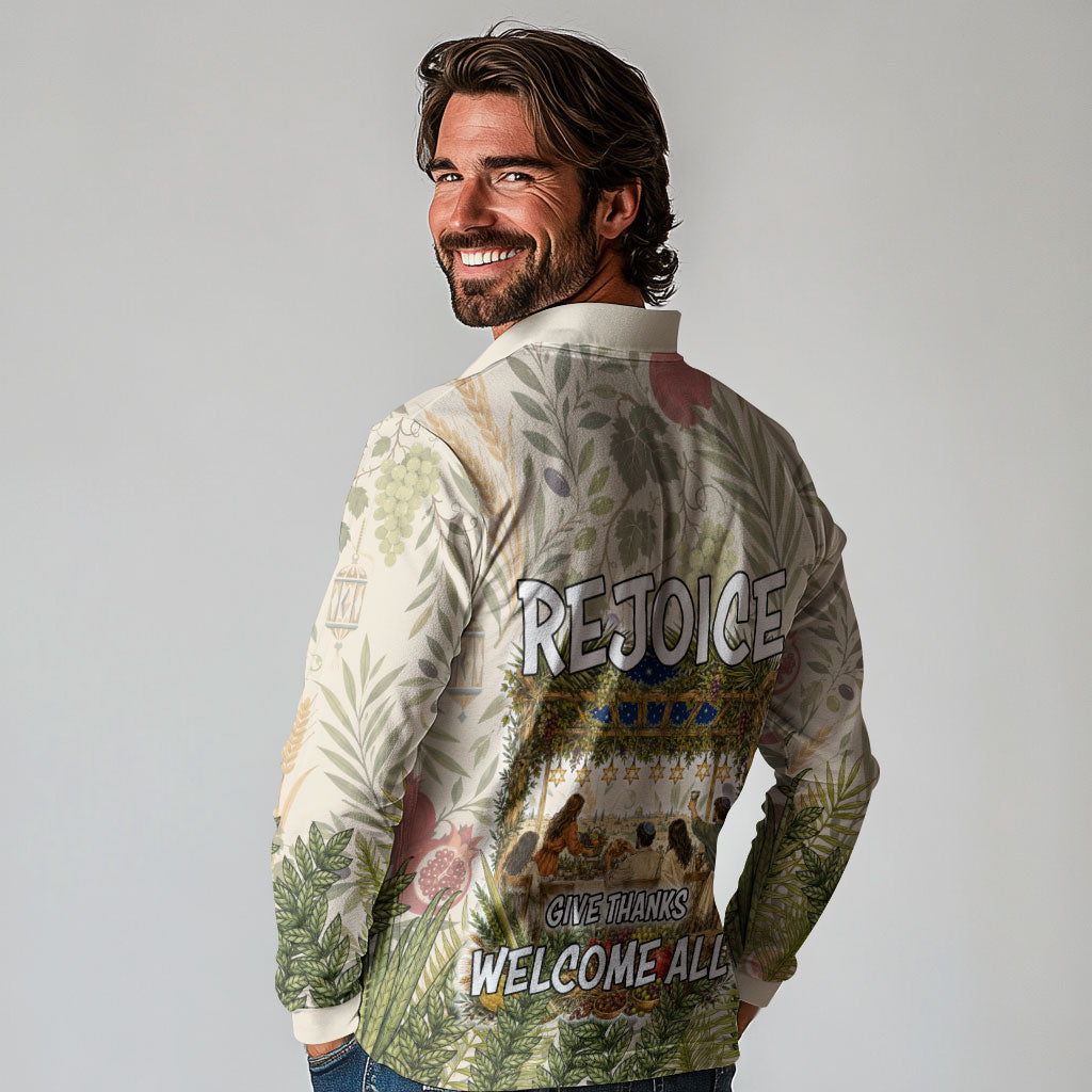 Sukkot Long Sleeve Polo Shirt Jewish Holiday Gratitude Dwells Here - Vintage Botanical Sukkah
