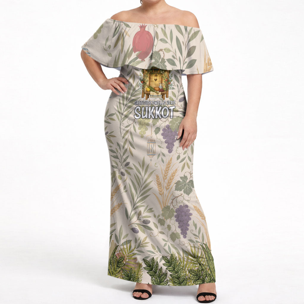 Sukkot Off Shoulder Maxi Dress Jewish Holiday Gratitude Dwells Here - Vintage Botanical Sukkah