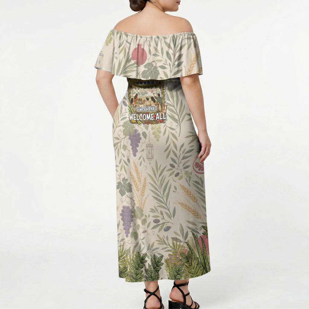 Sukkot Off Shoulder Maxi Dress Jewish Holiday Gratitude Dwells Here - Vintage Botanical Sukkah