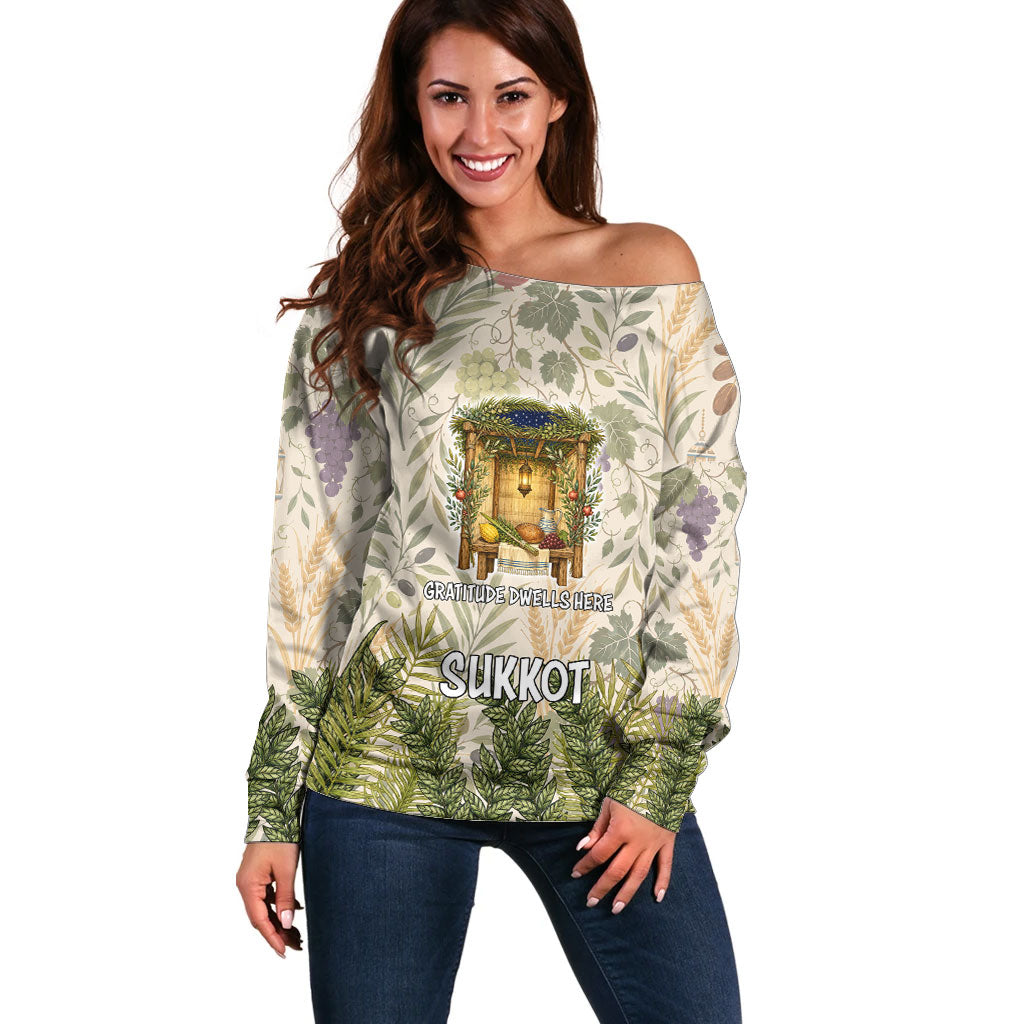 Sukkot Off Shoulder Sweater Jewish Holiday Gratitude Dwells Here - Vintage Botanical Sukkah