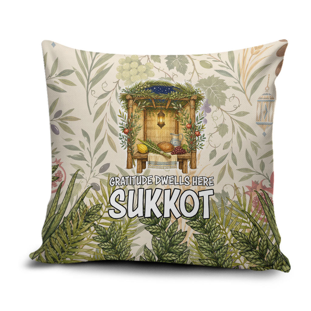 Sukkot Pillow Cover Jewish Holiday Gratitude Dwells Here - Vintage Botanical Sukkah