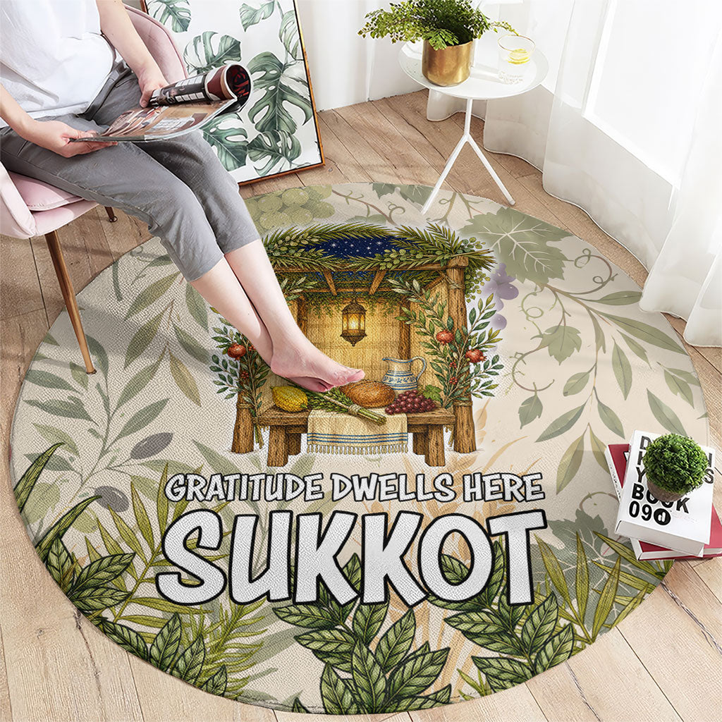 Sukkot Round Carpet Jewish Holiday Gratitude Dwells Here - Vintage Botanical Sukkah