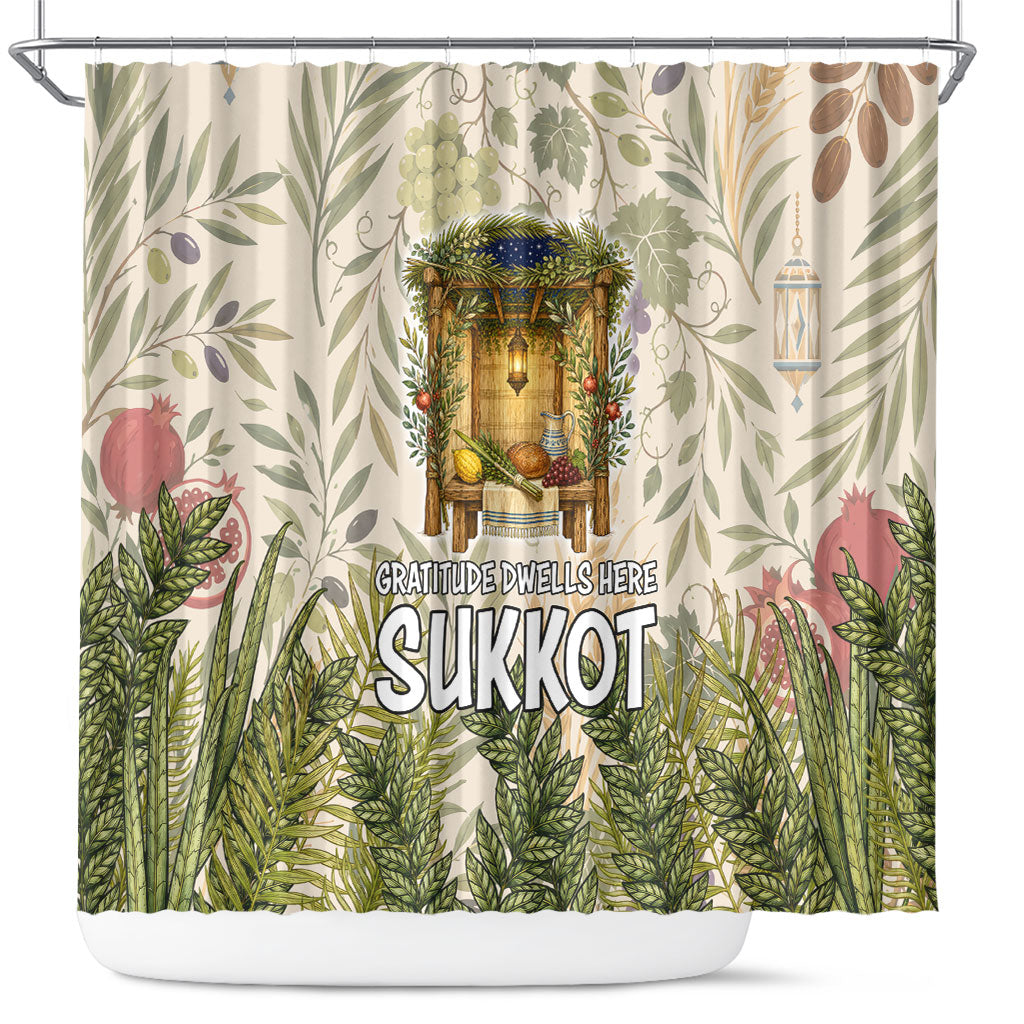 Sukkot Shower Curtain Jewish Holiday Gratitude Dwells Here - Vintage Botanical Sukkah
