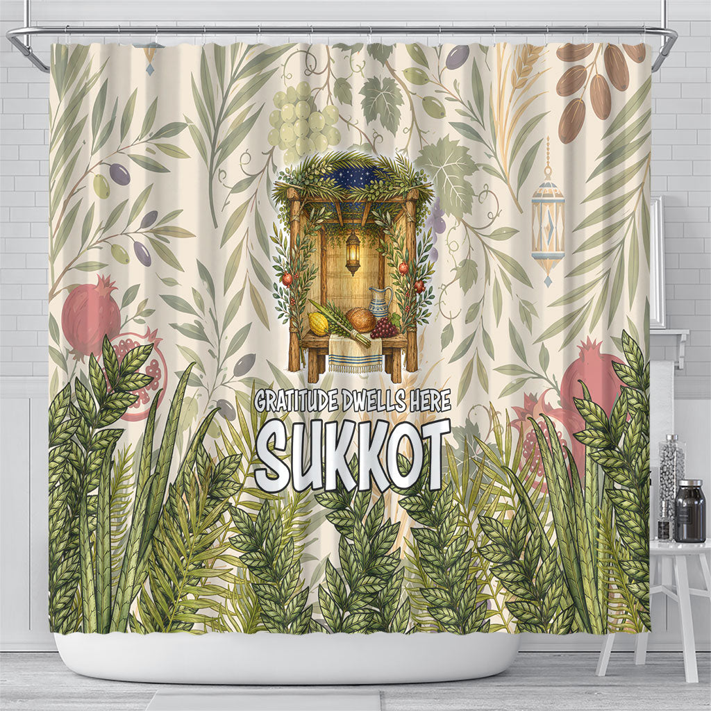 Sukkot Shower Curtain Jewish Holiday Gratitude Dwells Here - Vintage Botanical Sukkah