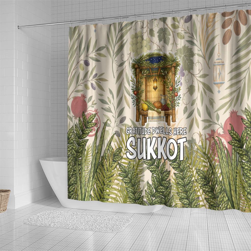 Sukkot Shower Curtain Jewish Holiday Gratitude Dwells Here - Vintage Botanical Sukkah