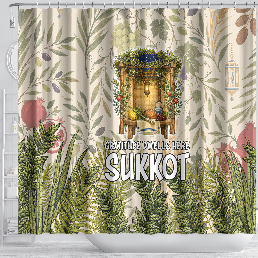 Sukkot Shower Curtain Jewish Holiday Gratitude Dwells Here - Vintage Botanical Sukkah