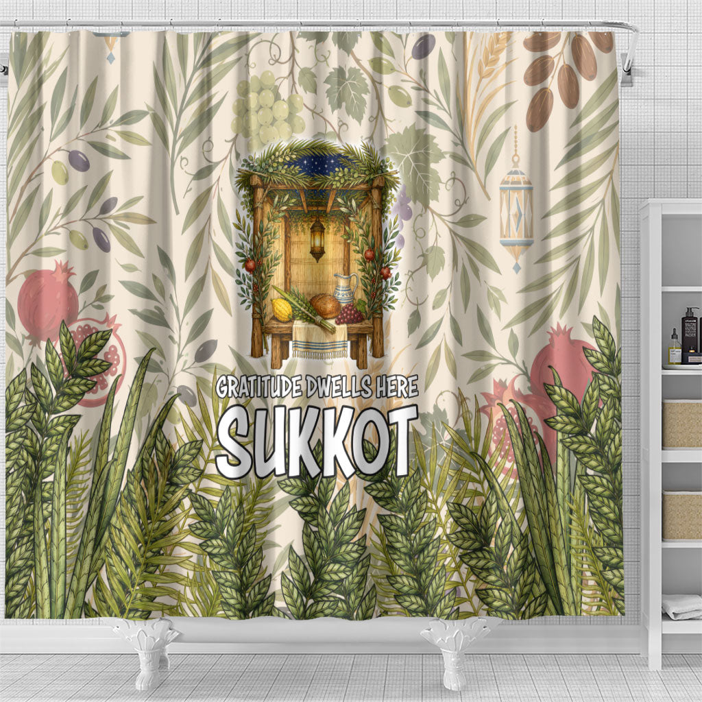 Sukkot Shower Curtain Jewish Holiday Gratitude Dwells Here - Vintage Botanical Sukkah
