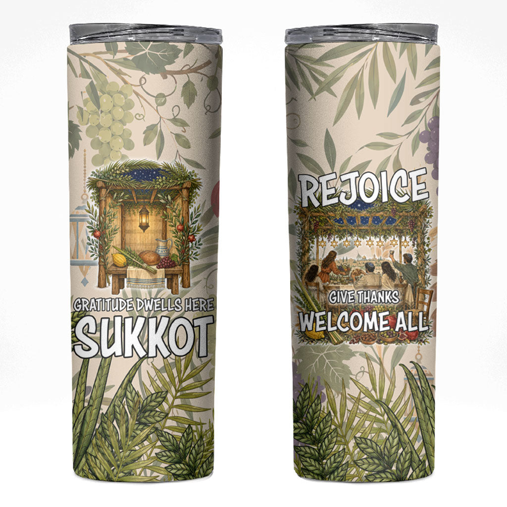 Sukkot Skinny Tumbler Jewish Holiday Gratitude Dwells Here - Vintage Botanical Sukkah