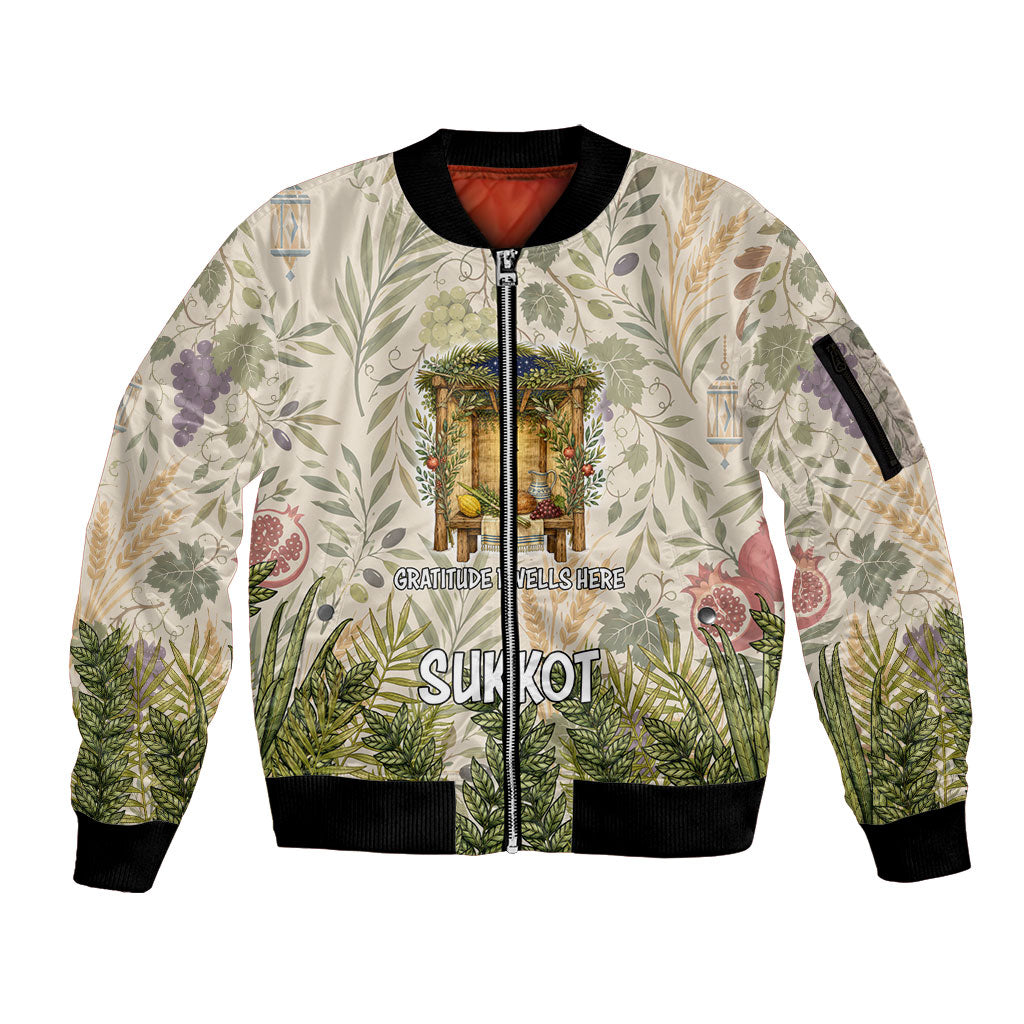 Sukkot Sleeve Zip Bomber Jacket Jewish Holiday Gratitude Dwells Here - Vintage Botanical Sukkah