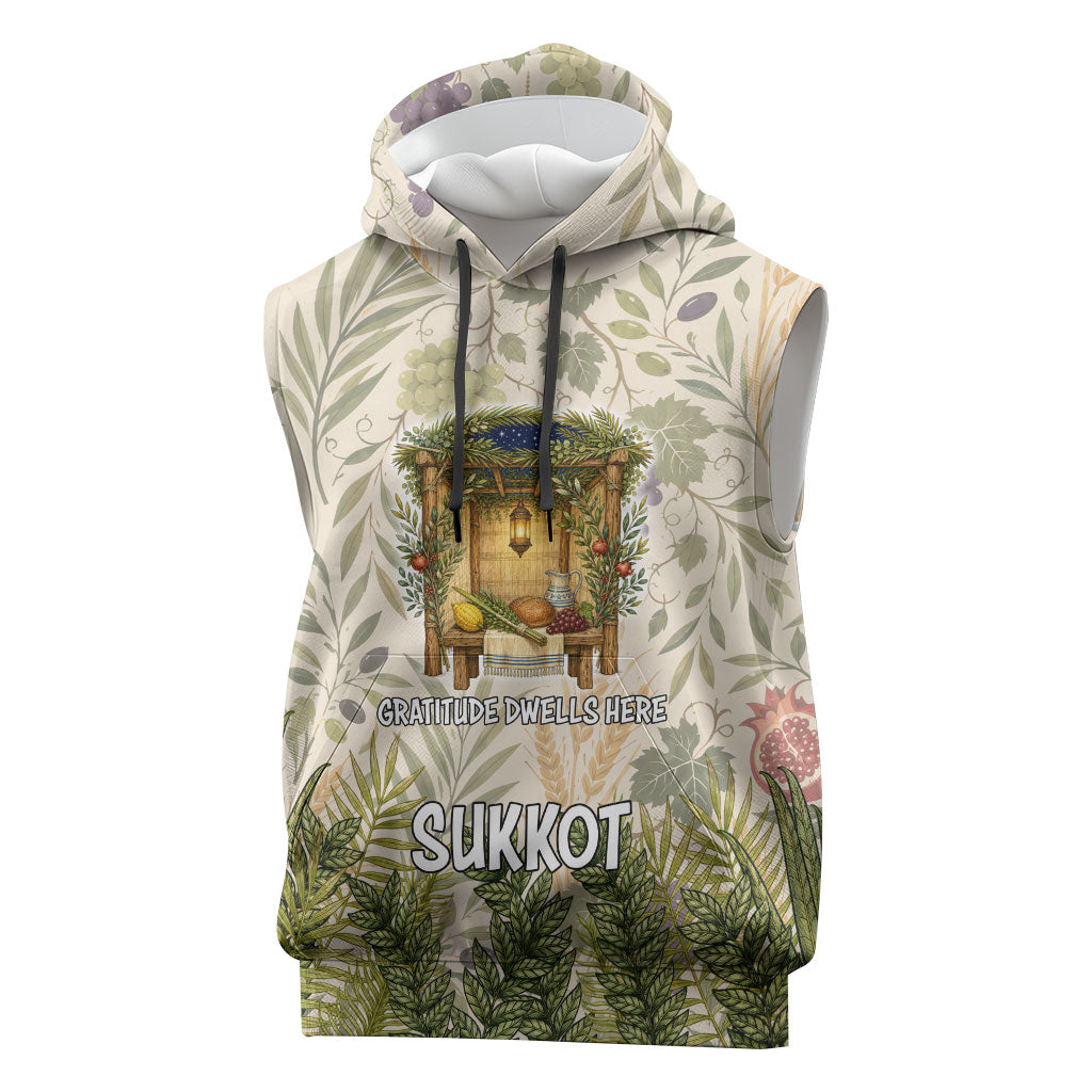 Sukkot Sleeveless Hoodie Jewish Holiday Gratitude Dwells Here - Vintage Botanical Sukkah