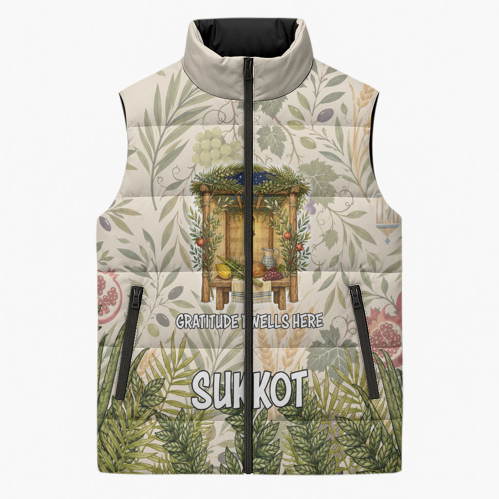 Sukkot Sleeveless Puffer Jacket Jewish Holiday Gratitude Dwells Here - Vintage Botanical Sukkah