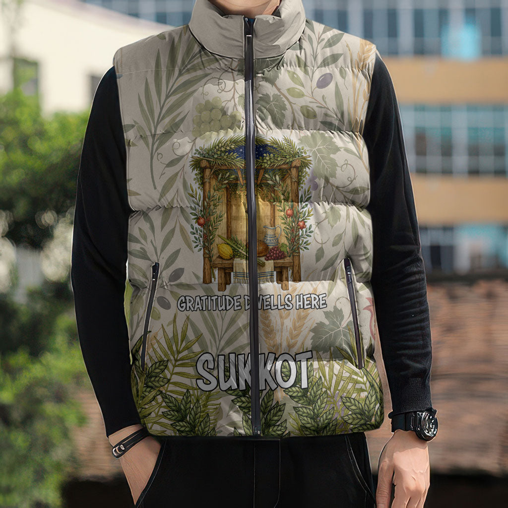 Sukkot Sleeveless Puffer Jacket Jewish Holiday Gratitude Dwells Here - Vintage Botanical Sukkah