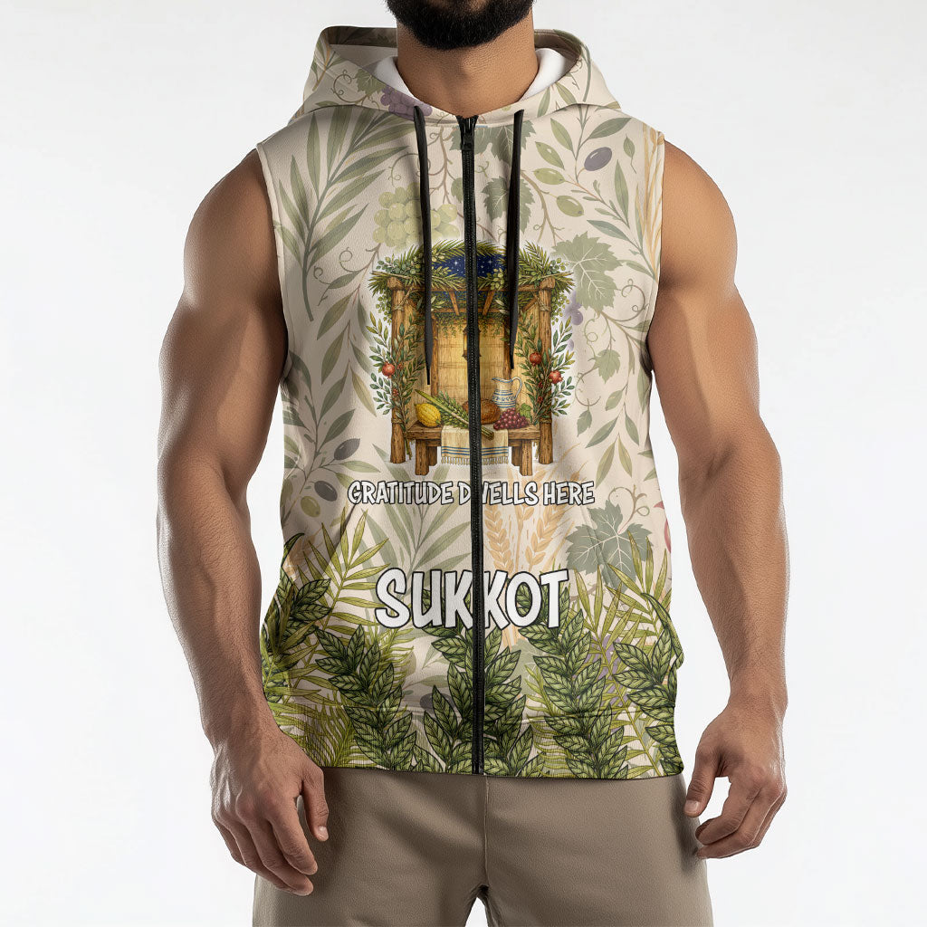 Sukkot Sleeveless Zip Hoodie Jewish Holiday Gratitude Dwells Here - Vintage Botanical Sukkah
