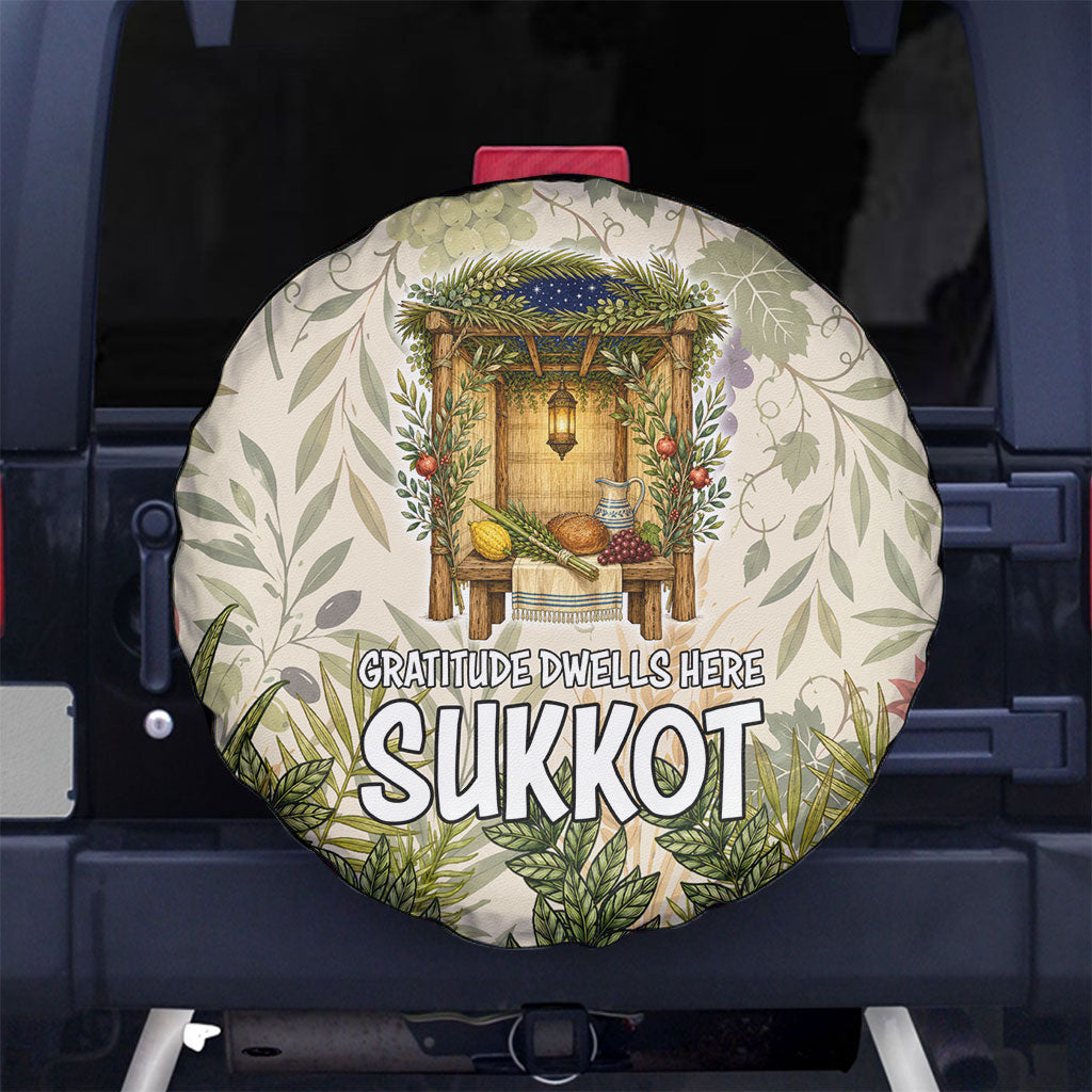 Sukkot Spare Tire Cover Jewish Holiday Gratitude Dwells Here - Vintage Botanical Sukkah
