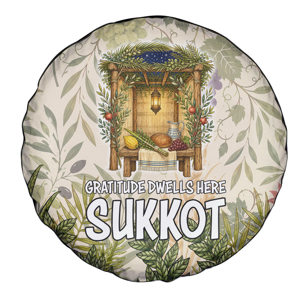 Sukkot Spare Tire Cover Jewish Holiday Gratitude Dwells Here - Vintage Botanical Sukkah