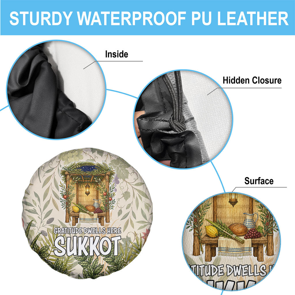 Sukkot Spare Tire Cover Jewish Holiday Gratitude Dwells Here - Vintage Botanical Sukkah
