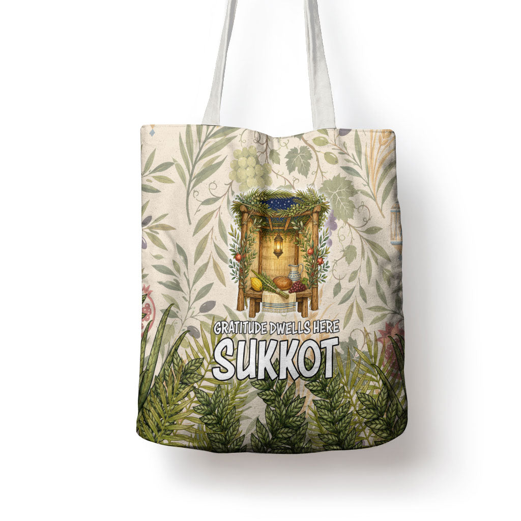 Sukkot Tote Bag Jewish Holiday Gratitude Dwells Here - Vintage Botanical Sukkah