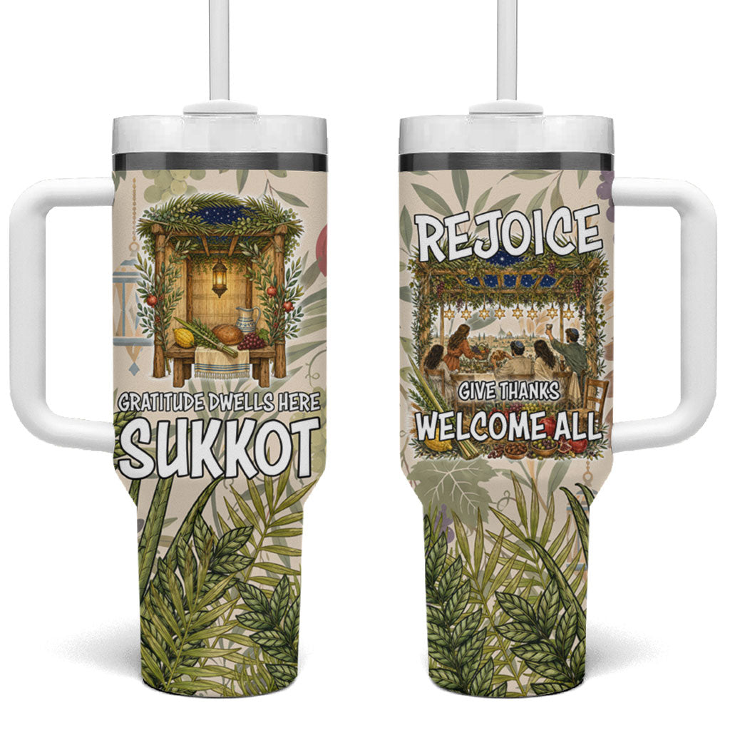 Sukkot Tumbler With Handle Jewish Holiday Gratitude Dwells Here - Vintage Botanical Sukkah