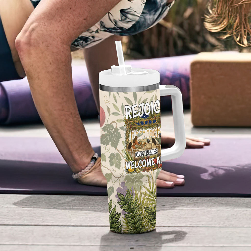 Sukkot Tumbler With Handle Jewish Holiday Gratitude Dwells Here - Vintage Botanical Sukkah