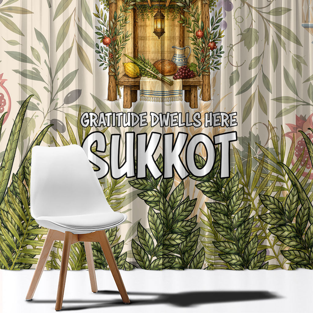 Sukkot Window Curtain Jewish Holiday Gratitude Dwells Here - Vintage Botanical Sukkah