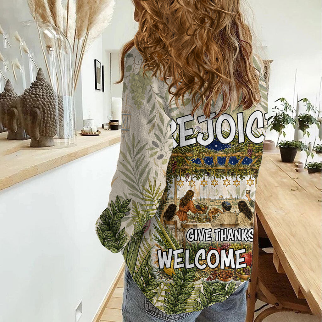 Sukkot Women Casual Shirt Jewish Holiday Gratitude Dwells Here - Vintage Botanical Sukkah