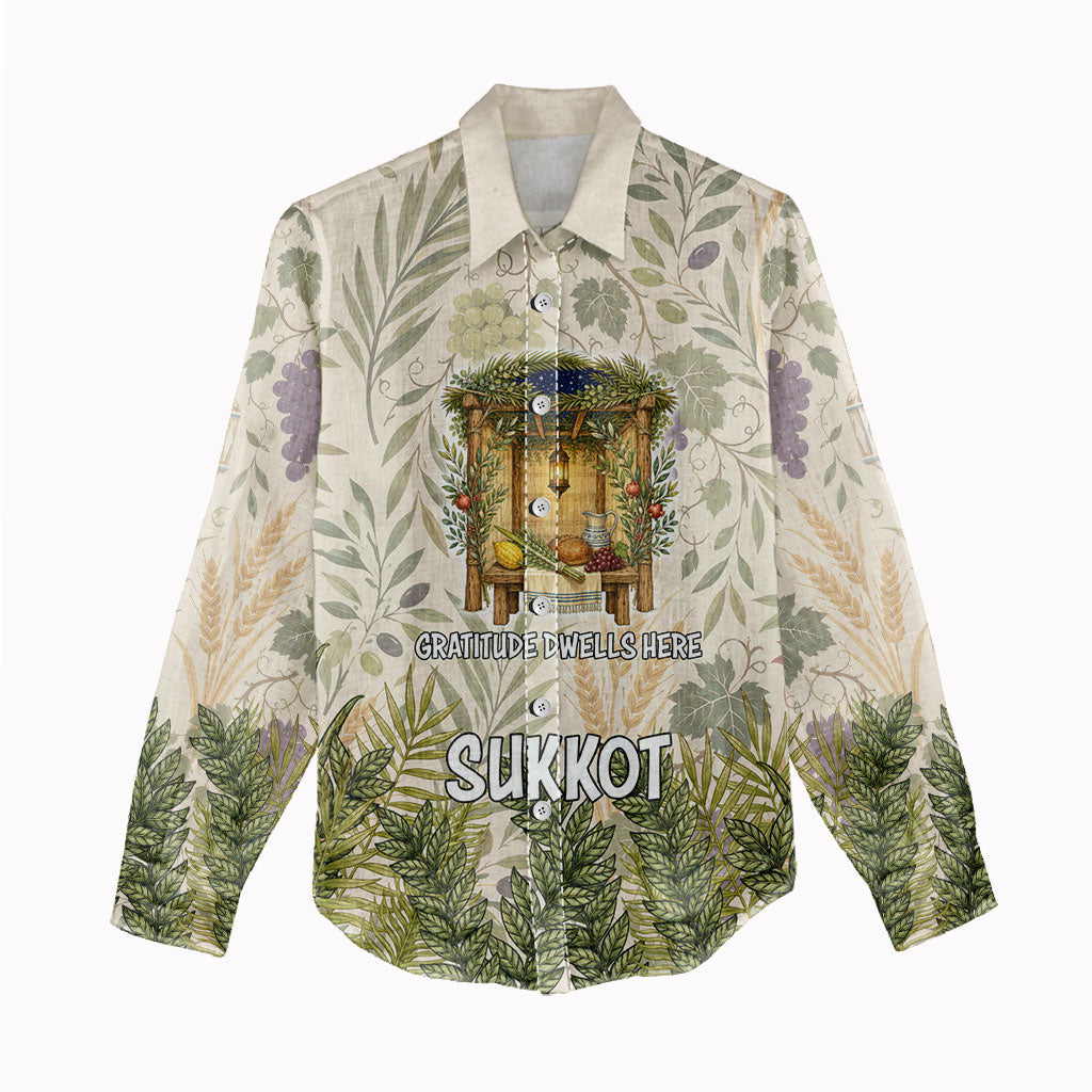 Sukkot Women Casual Shirt Jewish Holiday Gratitude Dwells Here - Vintage Botanical Sukkah