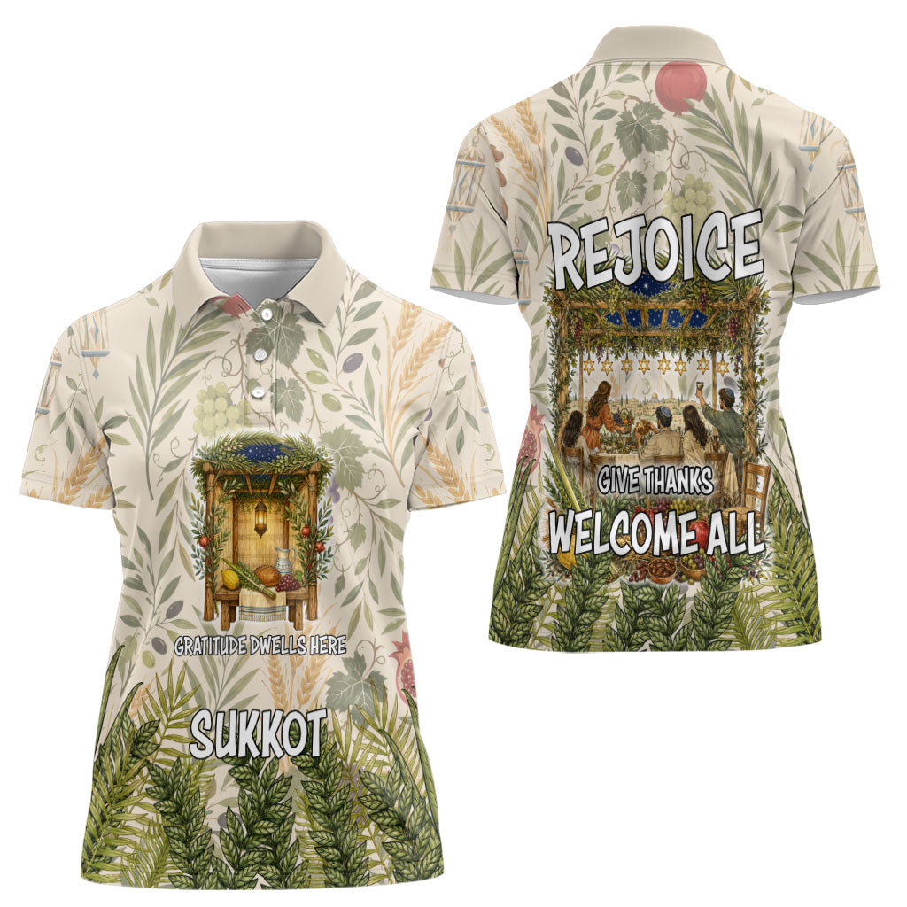 Sukkot Women Polo Shirt Jewish Holiday Gratitude Dwells Here - Vintage Botanical Sukkah