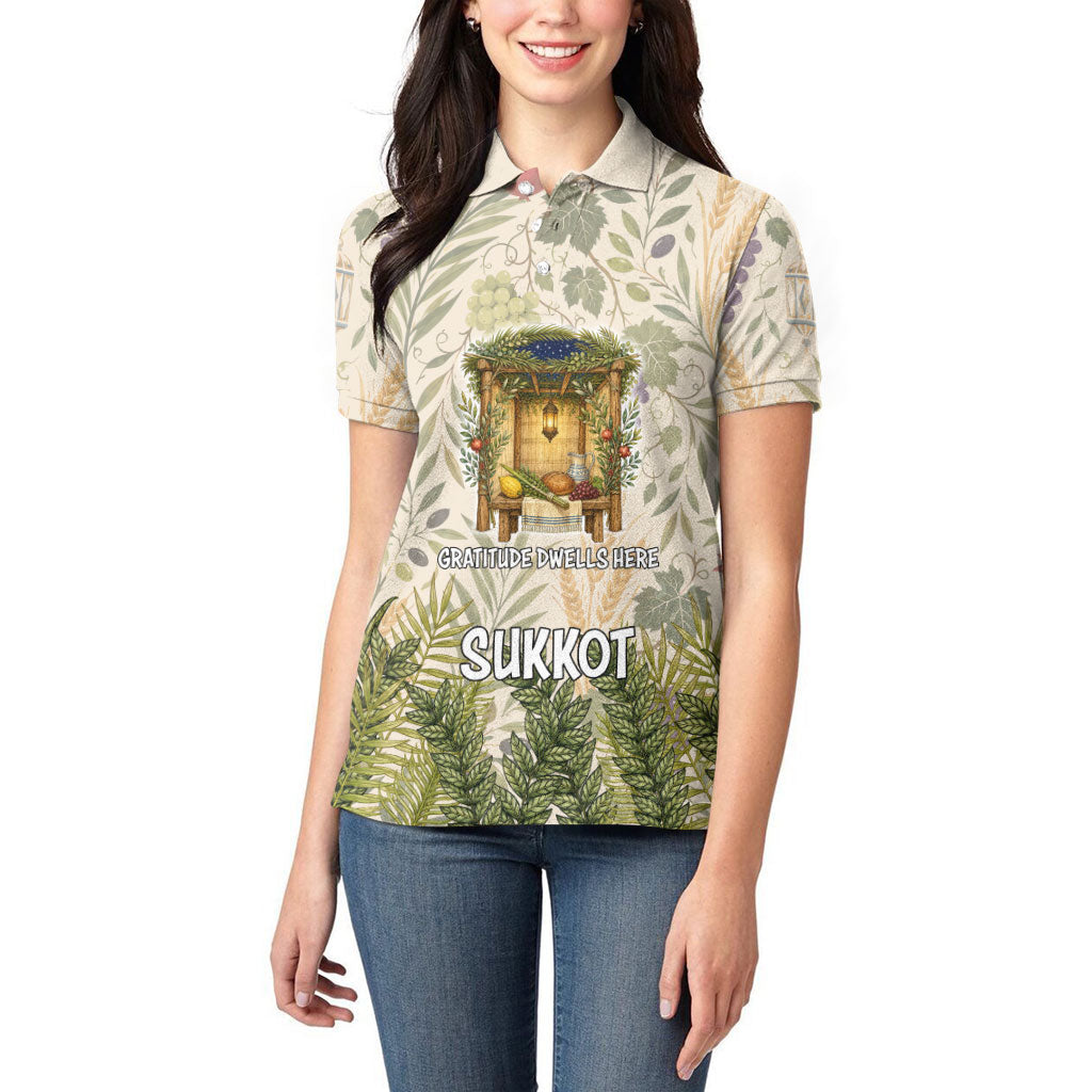 Sukkot Women Polo Shirt Jewish Holiday Gratitude Dwells Here - Vintage Botanical Sukkah