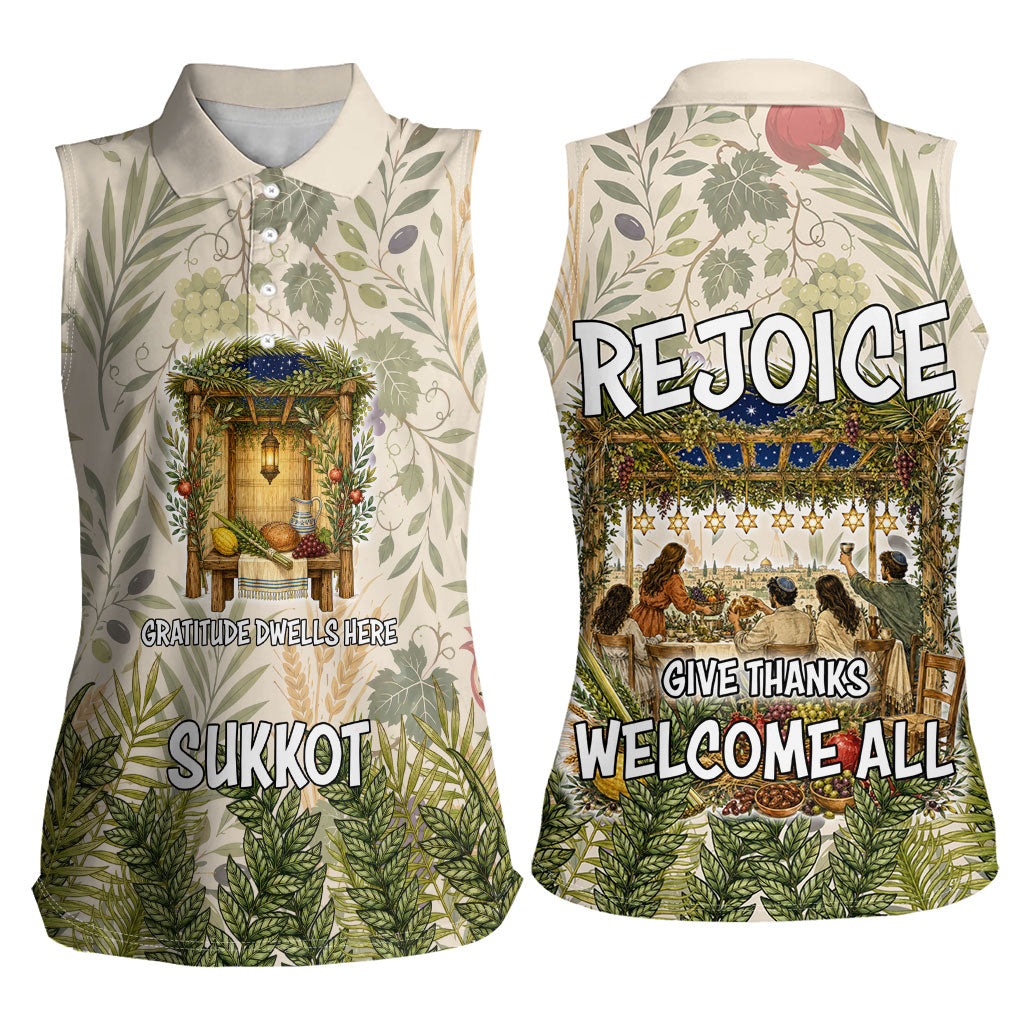 Sukkot Women Sleeveless Polo Shirt Jewish Holiday Gratitude Dwells Here - Vintage Botanical Sukkah
