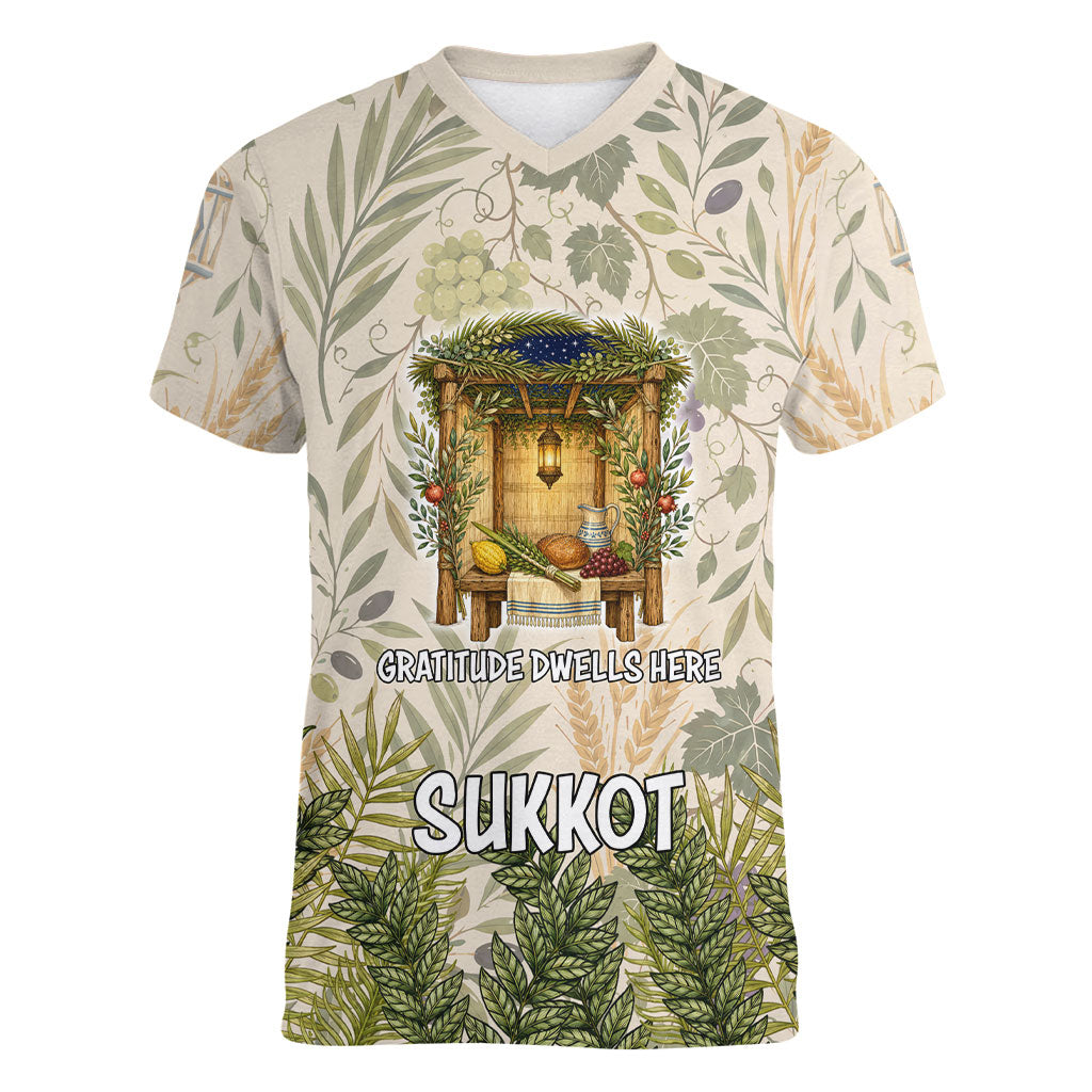 Sukkot Women V-Neck T-Shirt Jewish Holiday Gratitude Dwells Here - Vintage Botanical Sukkah