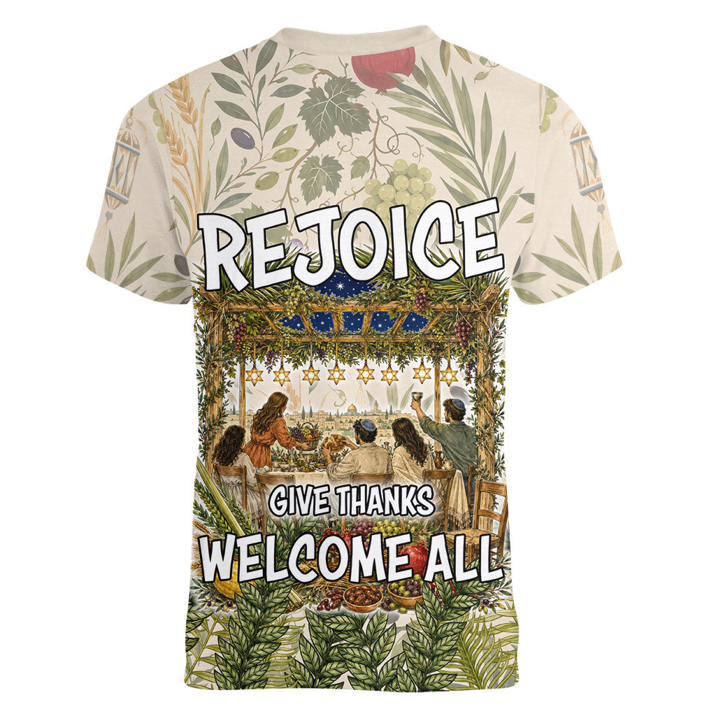 Sukkot Women V-Neck T-Shirt Jewish Holiday Gratitude Dwells Here - Vintage Botanical Sukkah