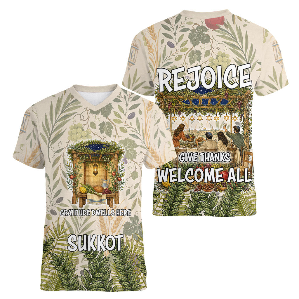 Sukkot Women V-Neck T-Shirt Jewish Holiday Gratitude Dwells Here - Vintage Botanical Sukkah