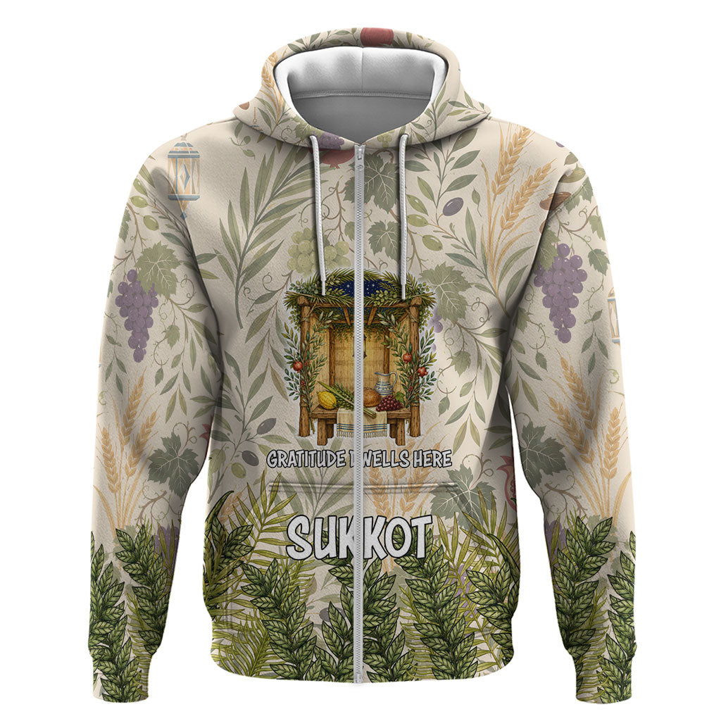Sukkot Zip Hoodie Jewish Holiday Gratitude Dwells Here - Vintage Botanical Sukkah