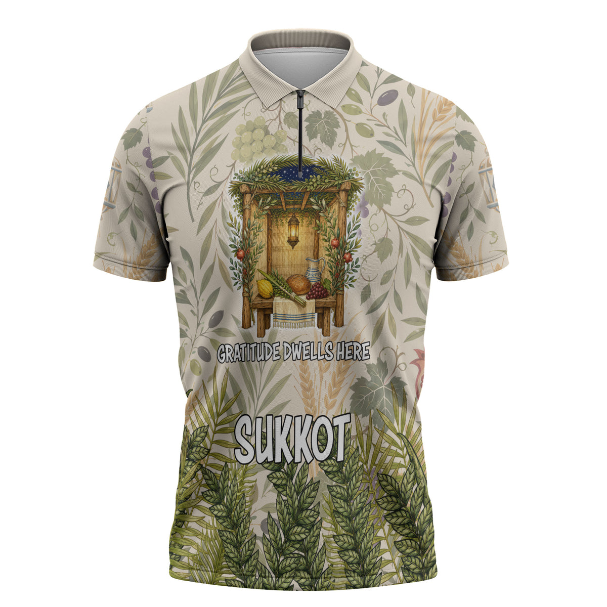 Sukkot Zipper Polo Shirt Jewish Holiday Gratitude Dwells Here - Vintage Botanical Sukkah