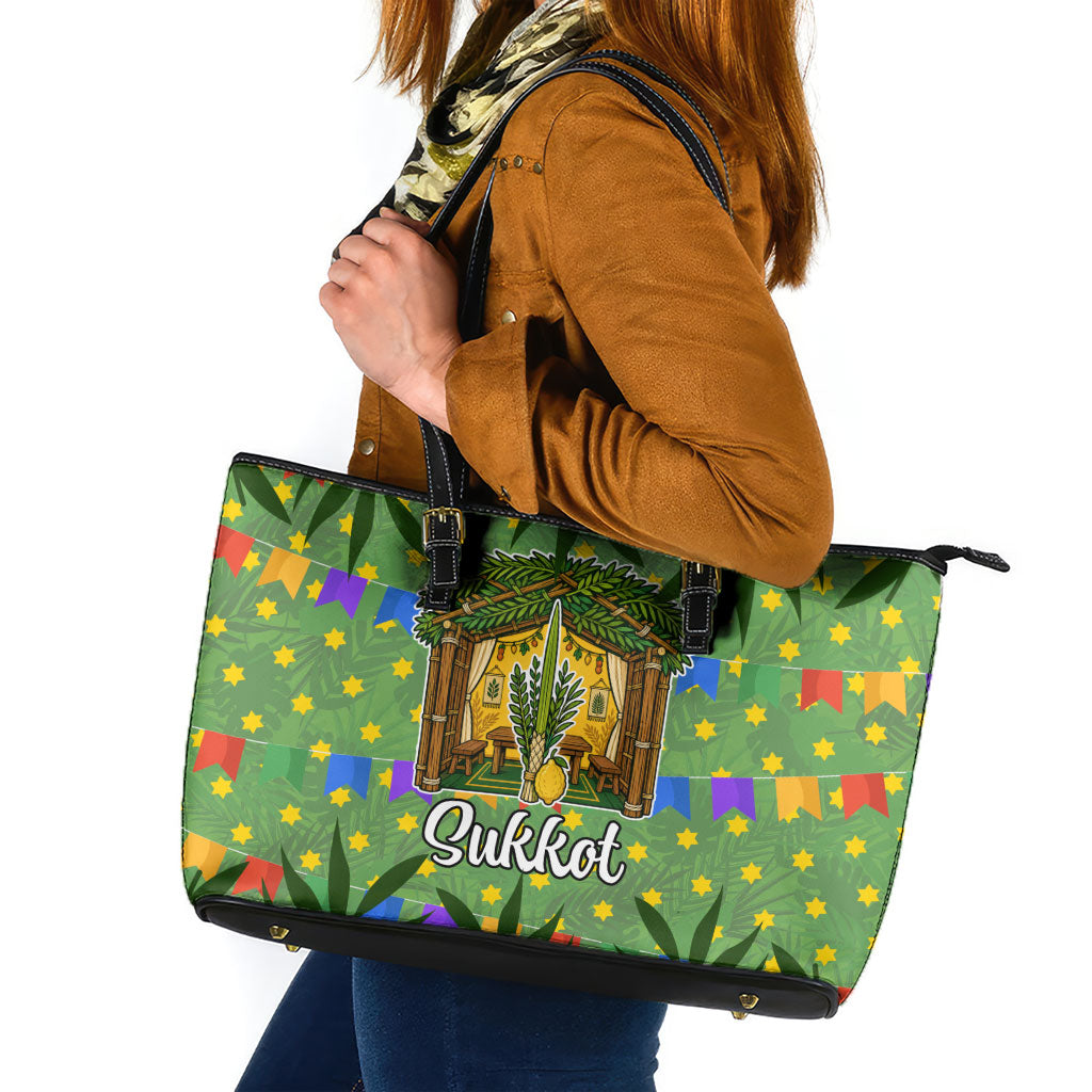 Sukkot Jewish Leather Tote Bag Colorful Sukkot Festival Of Tabernacles