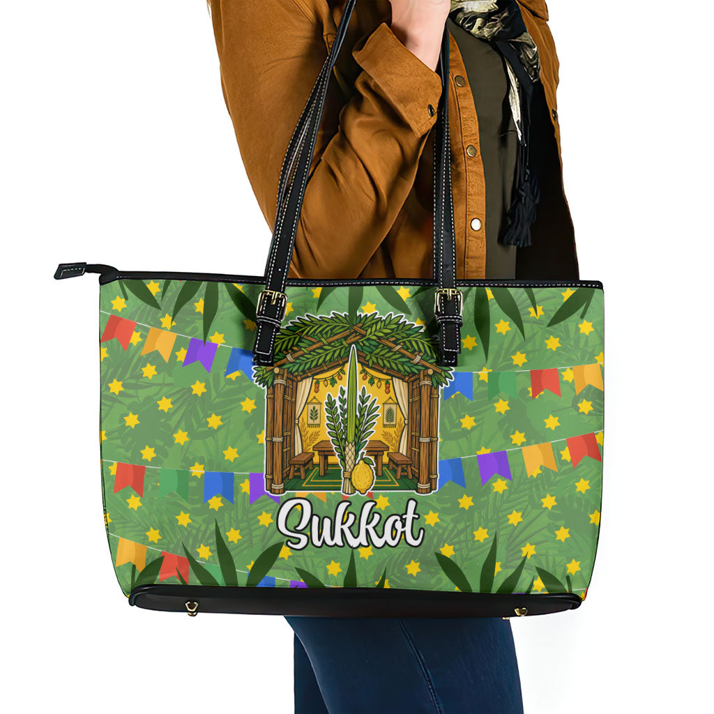 Sukkot Jewish Leather Tote Bag Colorful Sukkot Festival Of Tabernacles