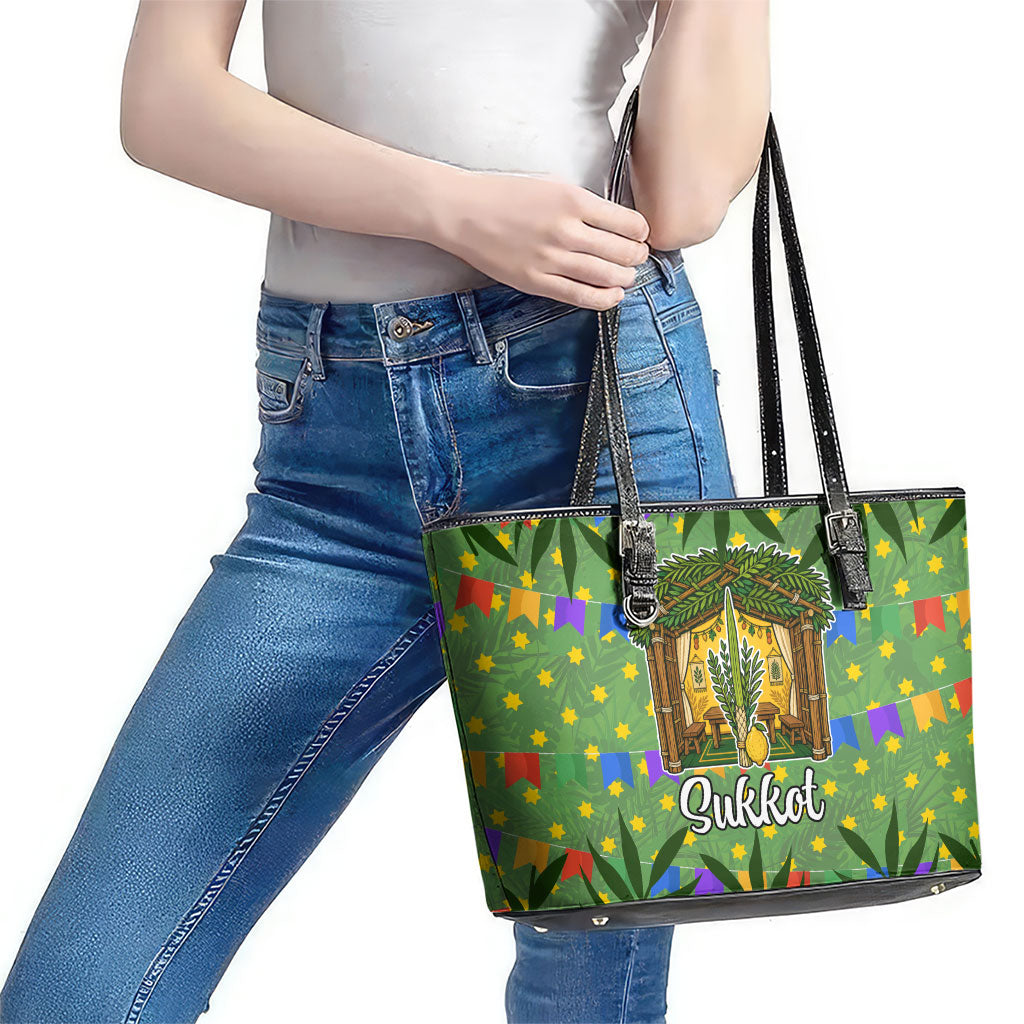 Sukkot Jewish Leather Tote Bag Colorful Sukkot Festival Of Tabernacles