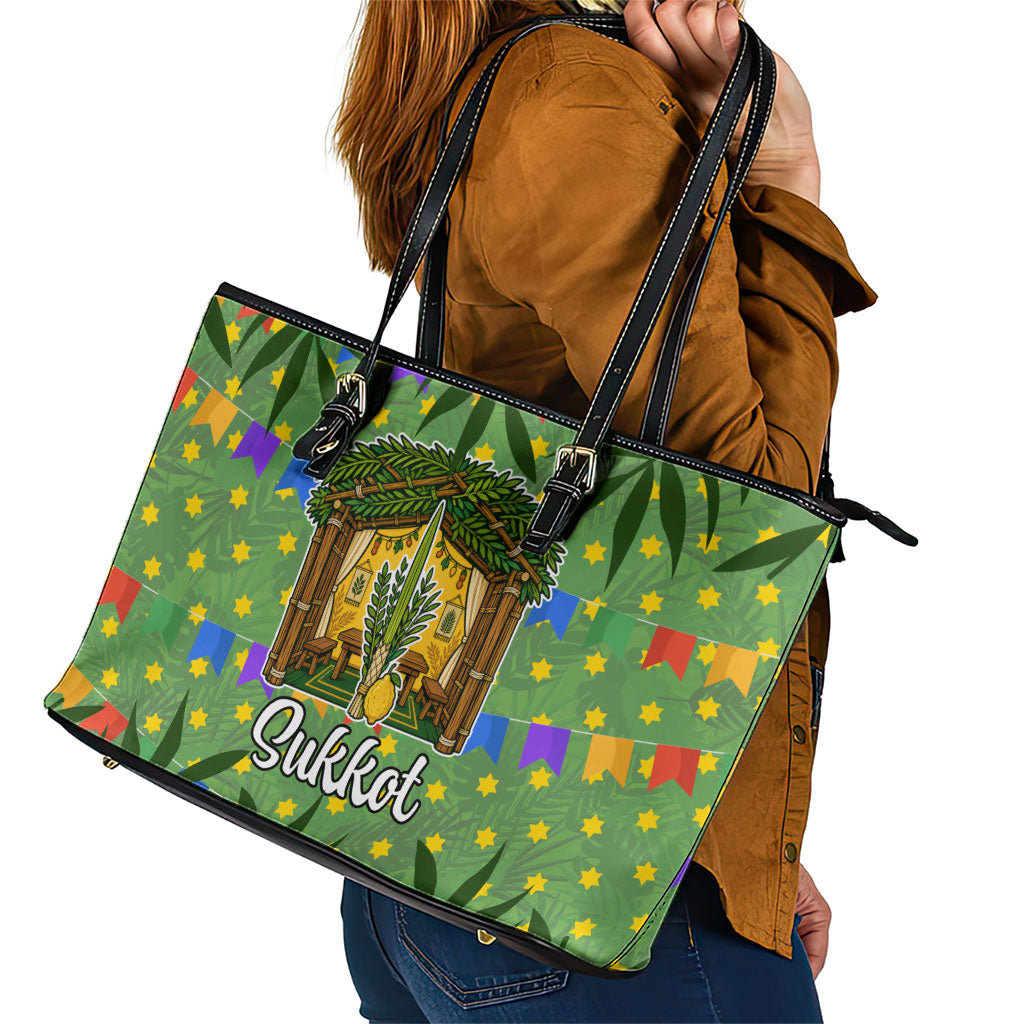 Sukkot Jewish Leather Tote Bag Colorful Sukkot Festival Of Tabernacles